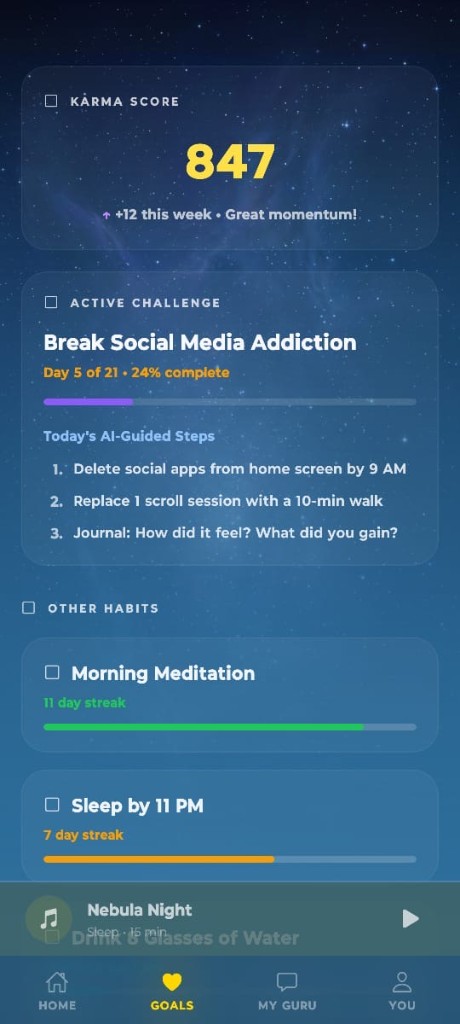 Zorvaa app — Goals & Karma